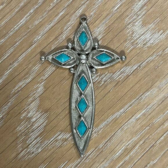 Vintage St. Labre Turquoise Cross Pendant Crucifix Silver Tone - Picture 2 of 7